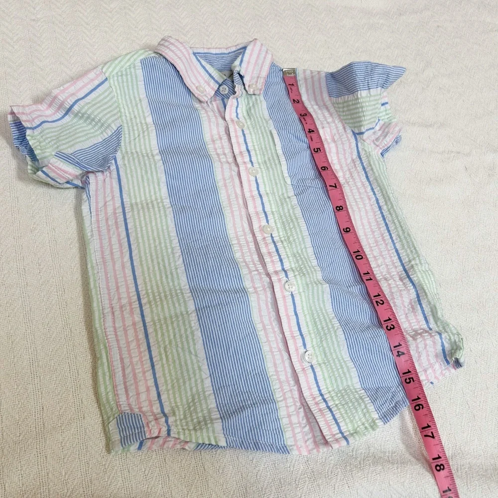 JANIE and JACK seersucker pink green blue short sleeve boys button down sz 5 - s